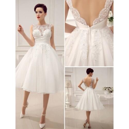 Short Wedding Dresses Vintage 1950s Bridal Gown Backless Lace Beading Pleated Sequins Illusion Wedding Reception Dress With