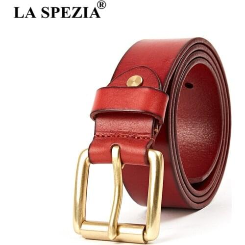 LA SPEZIA Cowskin Leather Belts for Men Casual High Quality Belt Red Pin Buckle Genuine Leather Male Belt Accessories 115cm