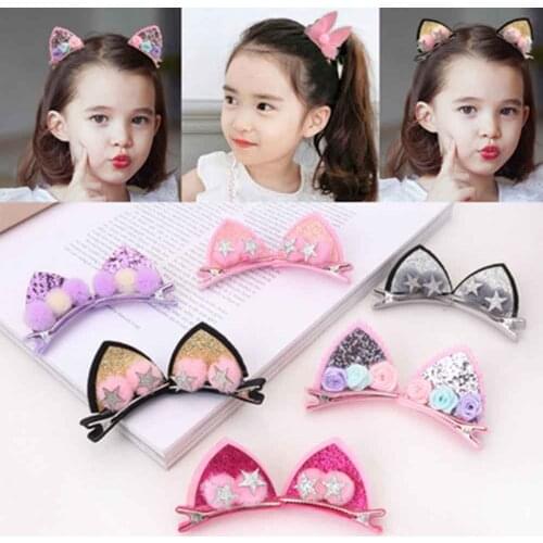 2pcs/Set Cute Hair Clips For Girls Glitter Rainbow Felt Fabric Flowers Hairpins Cat Ears Bunny Barrettes Kids Hair Accessories