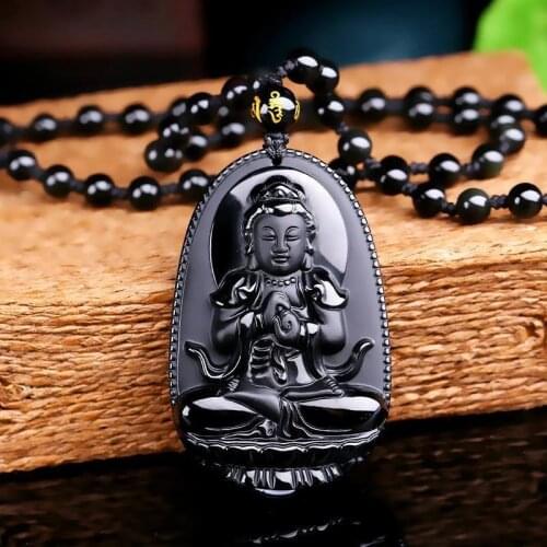 Natural Obsidian Hand Carved Buddha Pendant Necklace Lucky Amulet Talisman jewelry