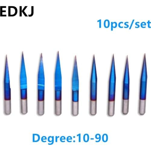 10 PCS/SET 3.175MM 10-90 Degree HSS Blue-Plated Tungsten Steel FLAT-BASE Sharp Knife CNC Engraving Machine Tool Engraving Knife