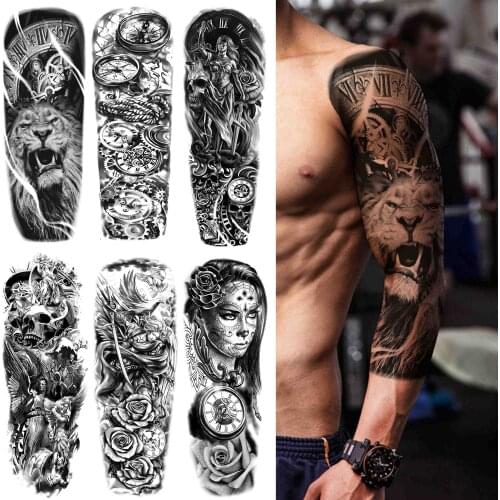 Full Arm Lion King Temporary Tattoos For Men Women Adult Fake Clock Skull Flower Tattoo Sticker Black Arm Sleeve Tatoos Kits Set