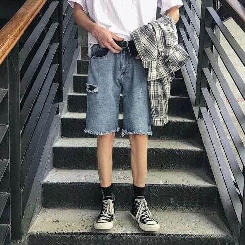 Denim shorts straight loose loose hole five-point pants Korean style trendy brand new trend Hong Kong style raw edge pants
