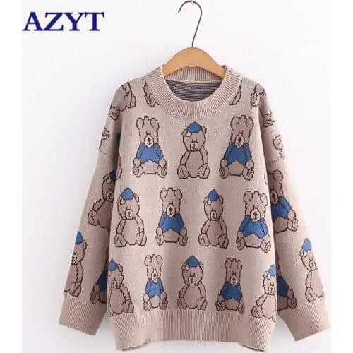 AZYT Cute Cartoon Print Pullover Women Sweater 2021 Autumn Loose Jumpers Female Knitwear Winter O Neck Base Sweater Women