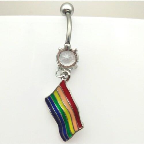 Rainbow Gay Pride Flag 14g Epoxy Dangle with Star Gem Belly Navel Ring body piercing jewelry
