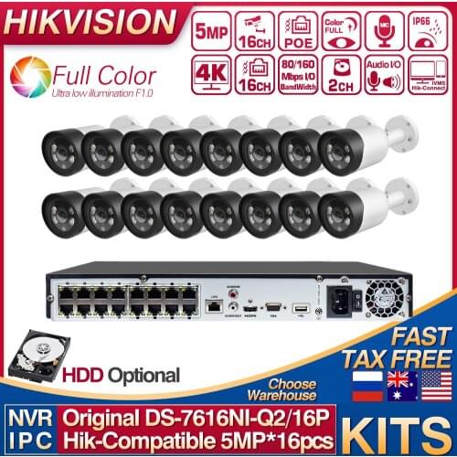 Hikvision Compatible Kits DS-7616NI-Q2/16P 16POE NVR 5MP Full-color IP Camera Bullet POE Built-in MIC 16pcs Plugplay CCTV System