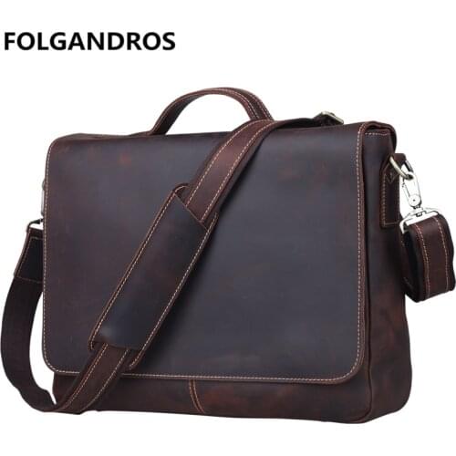 Mens Genuine Leather Handbag Vintage Handmade Crazy Horse Leather Shoulder Bag Brand Classic Business Office Document Bag