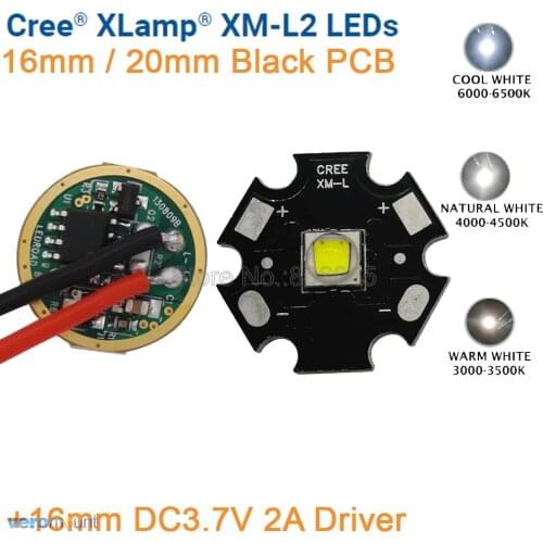 CREE XML2 XM-L2 T6 Cool White 6500K Neutral White 4500K Warm White 3000K LED Emitter 16mm 20mm Black PCB + DC3.7V 2A 16mm Driver