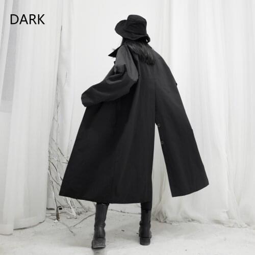 Yamamoto 2021 Japanese Niche Design Dark Black Womens Back Slit Loose Long Black Trench Coat Women Feminino Mujer Clothes