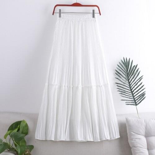 Spring Summer Women Chiffon Skirts Vintage High Waist Elastic Patchwork White Black Chic Long Cake A-line Skirt for Student