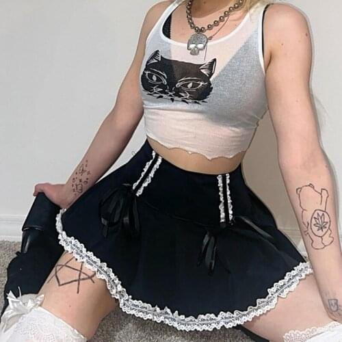 Women Gothic Punk High Waist A-Line Black Mini Pleated Skirt Lace Patchwork Trim Bowknot Ruffles Hem Harajuku Streetwear