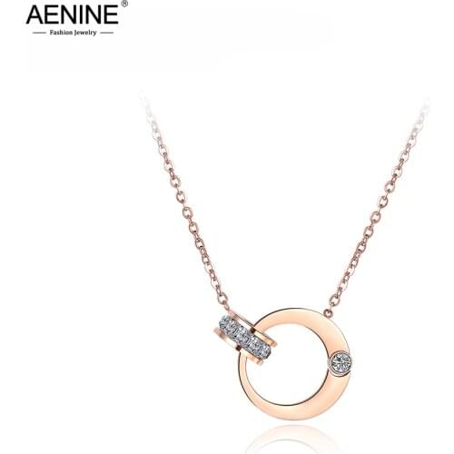 AENINE Double Circle Cubic Zirconia Chain & Link Necklaces Jewelry Titanium Steel Rose Gold Chokers Necklace For Women AN18054