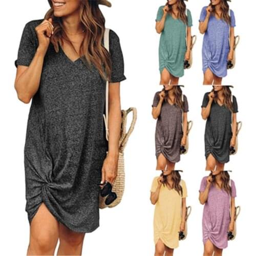 2021Summer Womens Hot Sale Casual Solid Color Cuffs Round Neck Short Sleeve V-Neck Side Knotted Lady Dress