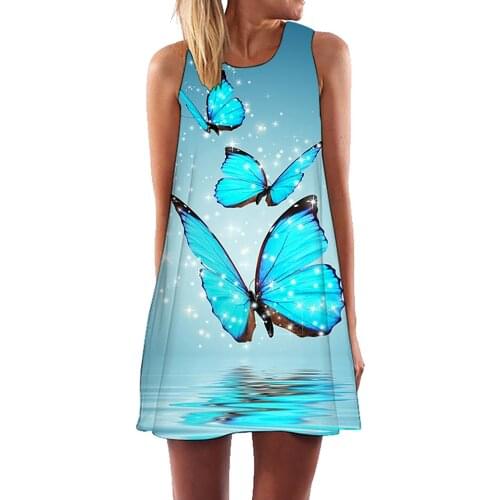 Sleeveless Casual O-Collar Butterfly Print Mini Dress Woman Loose Casual Bohemia Beach Styles Short Dresses 2021 Summer Vestidos