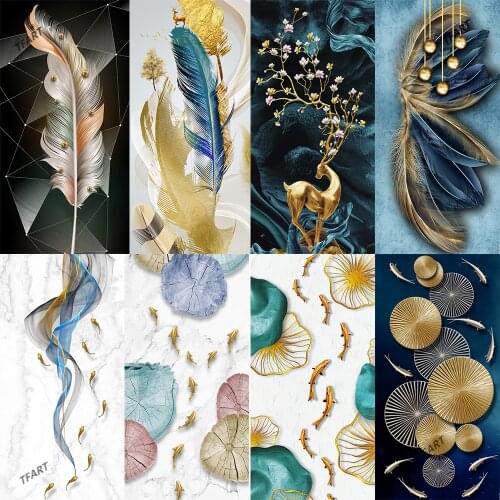 5D DIY Diamond Painting Feather, Lotus Leaf Fish Landscape Painting Series Square/Round Diamond Mosaic Decorative Painting