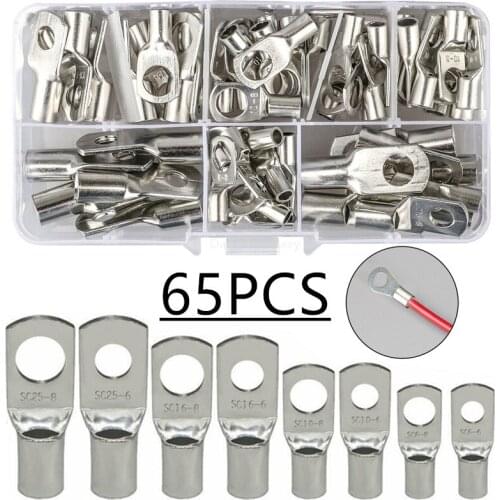 65Pcs SC Bare Terminals lug Tinned Copper Tube Lug Ring Seal Battery Wire Connectors Bare Cable Crimped/Soldered Terminal Kit