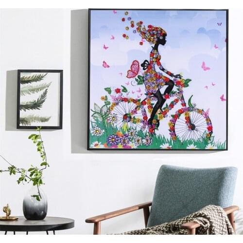 5D Special Shaped Partial Drill Diamond Painting Girl Riding A Bike Diamond Embroidery Cross Stitch Diamond Mosaic Girl
