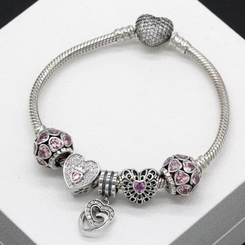 925 Sterling Silver Bracelets Sweetheart Fancy Pink CZ Beads Openwork Beads DIY Bracelet Wedding Gift Wedding Engagement Gift