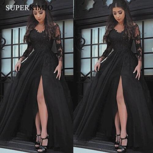 SuperKimJo Black Prom Dresses 2020 Lace Applique Elegant V Neck Long Sleeve Prom Gown Vestido De Longo