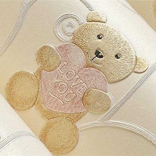Environmental Protection Cartoon Cute Bear Non-Woven Wallpaper 3D Stereo Embossed Boys And Girls Childrens Room Wall Paper Roll