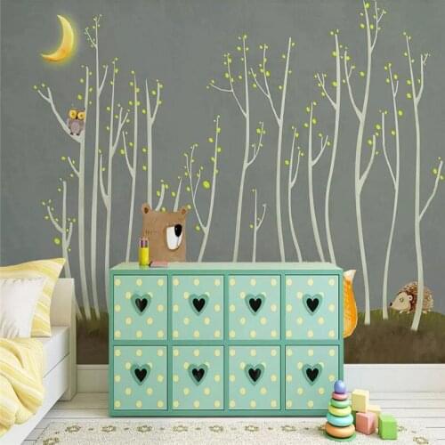 Customized 3d wallpaper Nordic hand-painted woods small animals children background wall high-grade waterproof material