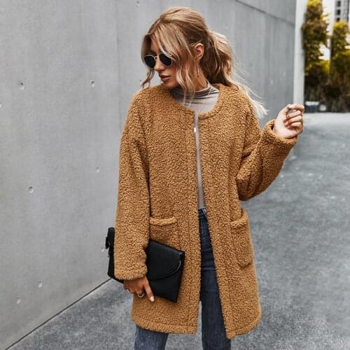 Cardigan Plush Jackets Women Autumn Winter O Neck Long Sleeve Loose Ladies Jacket Coats Warm Pockets Teddy Faux Fur Long Outwear