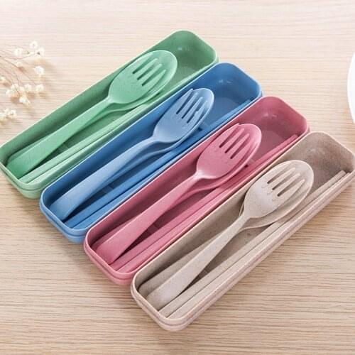 Wheat Straw Tableware Set Chopsticks Spoon Fork 3pcs with Box Dinner Service Adults Work Children Outdoor Travel Picnic Supplies