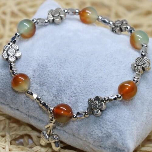 Natural 8mm multicolor strand elastic bracelets chalcedony jades round beads Tibet silver-color unique jewelry 7.5inch B1939