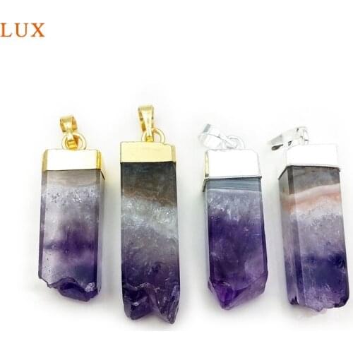 Natural Amethysts Purple Crystal druzy Pendant Gold silver Plated on Top crystal pillar charm for necklace Jewelry making