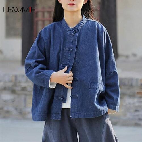 2020 New Autumn Womens Retro Style Denim Jackets Chinese Button Single Breasted Solid Color Long Sleeve Cowboy Plus Size Women