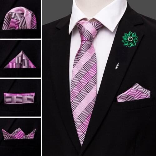 Pink Novelty Mens Silk Wedding Tie Crystal Brooches Handkerchief Cufflinks Set Neck Tie For Men Gift Party Business Barry.Wang
