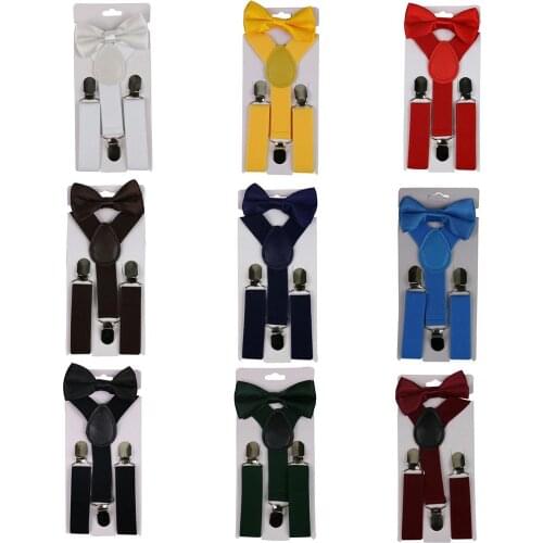 2Pcs/Set Solid Color Kids Boy Girls Clip-on Y-Shape Elastic Suspenders Bowtie New Chic