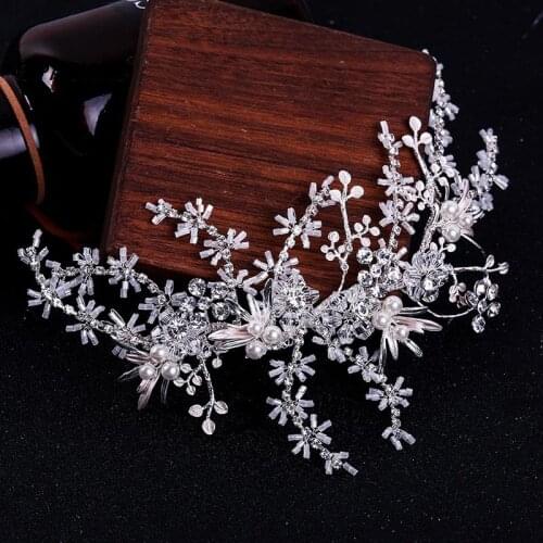 Luxury Crystal Pearl Hair Bands Hair Jewelry For Wedding Bride Handmade Rhinestone Flower Silver Color Headbands VL
