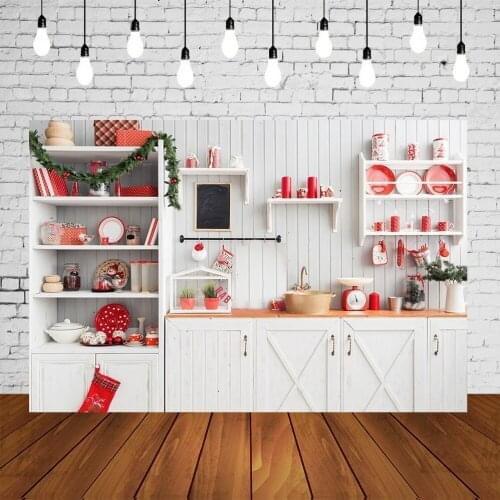 Christmas Backdrop Kitchen Noel Xmas Party Banner White Furniture Warm Red Decorations Kids Portrait Photo Studio Backgrounds