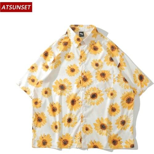 ATSUNSET Sunflower Print Country Style Shirt Hip Hop Streetwear Harajuku Short Sleeve Shirt Spring Summer Cotton Top