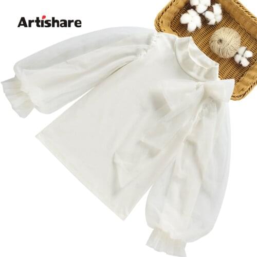 Shirts For Girls Solid Color Girls White Blouse Bow Blouse Childrens For Girl Puff Sleeve Clothes For School For Girls 6 8 10 1