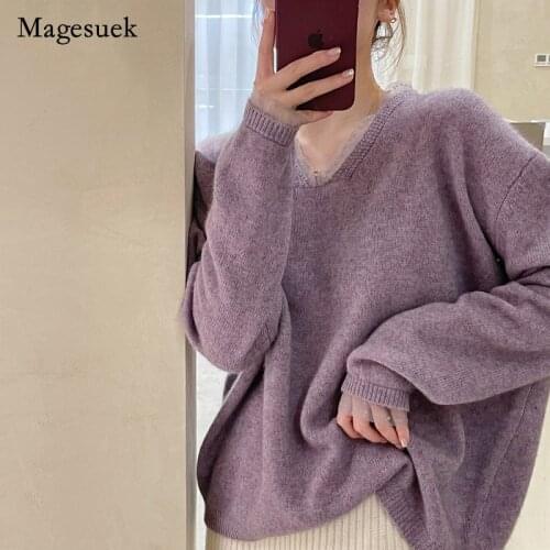 New 2021 Autumn Winter Pullover Sweater Korean Womens Retro Purple Tops Loose Raccoon Velvet V-Neck Sweater Plus Size 15920