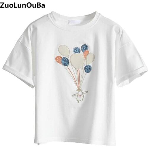 Spring And Summer Pure Cotton Short-sleeved Women T-shirt Cartoon Balloon Cute Round Neck Short Loose Embroidery Casual Girl Top