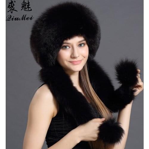 QiuMei Genuine Fox Fur Hats Bumbers With Rabbit Fur Top Pompom Winter Female Luxury New Trapper Hat Russian Bombers Hat Caps
