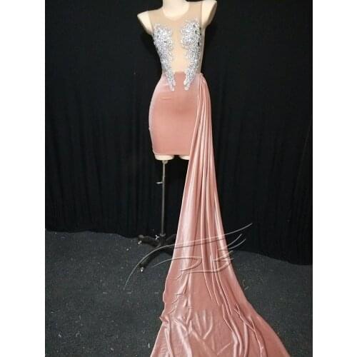 Women Singer Dj Ds Stage Costume Tailed Dress Pink Velvet Transparent Mesh Diamond Short Dress Nightclub Evening Dresses VDB3656