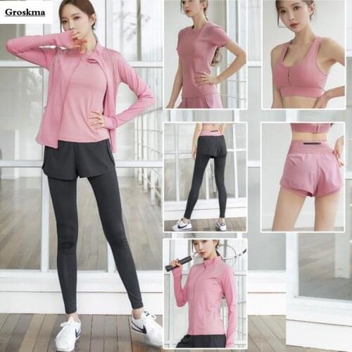 Sportswear Women 5 Piece Set Yoga Coats+T Shirt+Bra+Shorts+Pants Mesh Patchwork Fitness Gym Suits Quick Dry Running Clothing