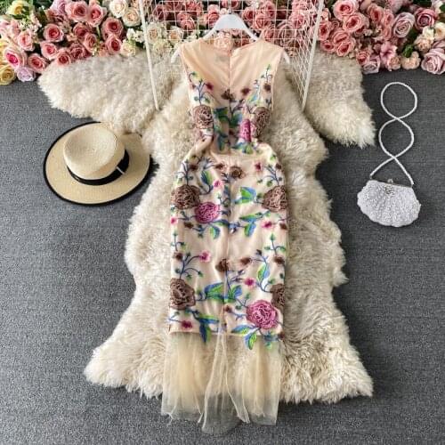 Womens Spring Summer Runway Fashion Sleeveless Flower Embroidery Mesh Dress Female Travel Chic Party Lace Dress TB1801