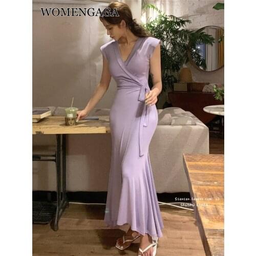 WOMENGAGA South Korea 2021 Spring Summer New Purple Shoulder Bandage Sleeveless Long Maxi Dress Lady Dresses 2M77