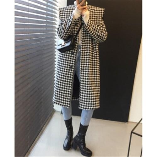 Womens Plaid Woolen Coat Casual Loose Straight Windproof Jackets Female Classic Houndstooth Korean Office Lady Outwear 2020 New