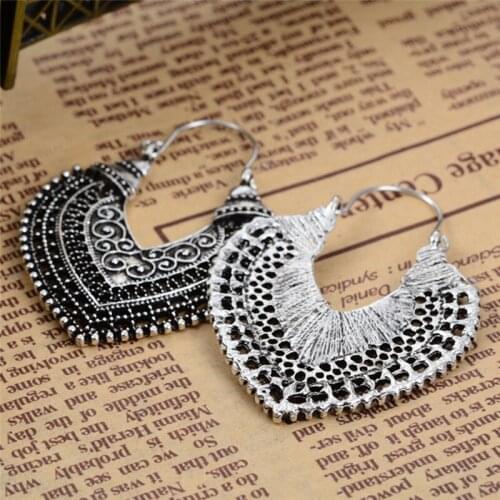 1 Pair Bronze Silver Plated Carved Metal Hollow Heart Hanging Dangle Earrings For Women Ethnic Vintage Bohemian Turkish Style