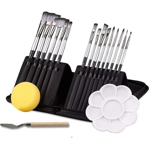 15pcs Paint Brushes Set Different Shapes Brushes Nylon Hair Matte Silver Handles Palette Knife Sponge Canvas Bag Art Supplies