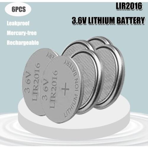 6PCS Li-Ion Rechargeable Button Cell LIR2016 Recharged 500 Times Replace for Car Keys CR2016 Battery 3.6V Batteries
