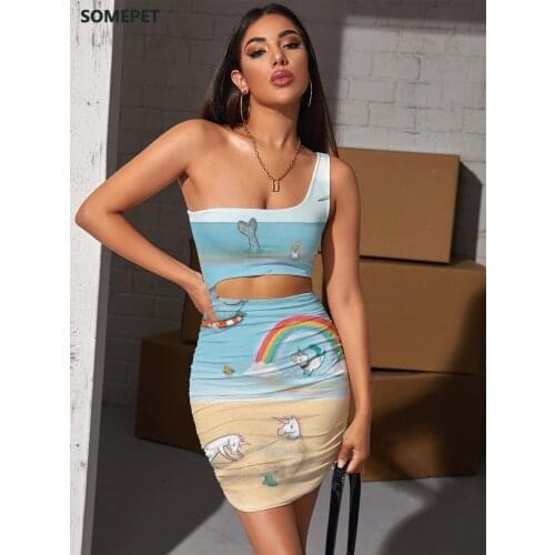 SOMEPET Brand Unicorn Dresses Women Animal Vestido Sexy Rainbow Pleating Flame Bodycon Dress Hip Hop Halter Sleeveless