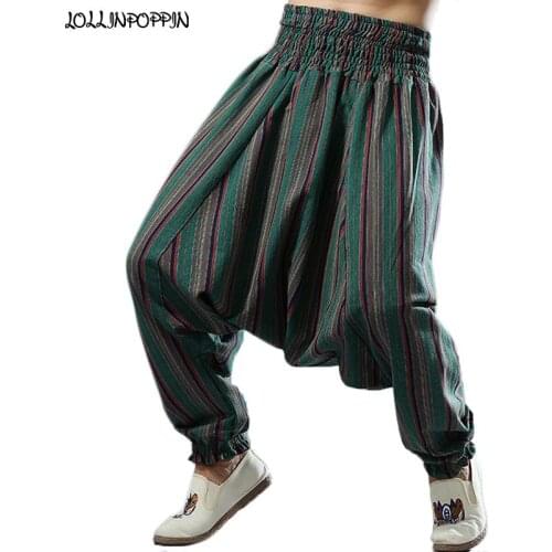Men Stripe Linen Cross Pants Drop Crotch Harem Pants Cotton & Linen Mens Nepal Style Striped Loose Trousers Elastic Waist