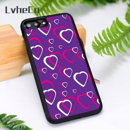 LvheCn Silicone Rubber Phone Case Cover for iPhone 6 6S 7 8 Plus X XS XR 11 12 Mini Pro Max Pink White Hearts Purple Background